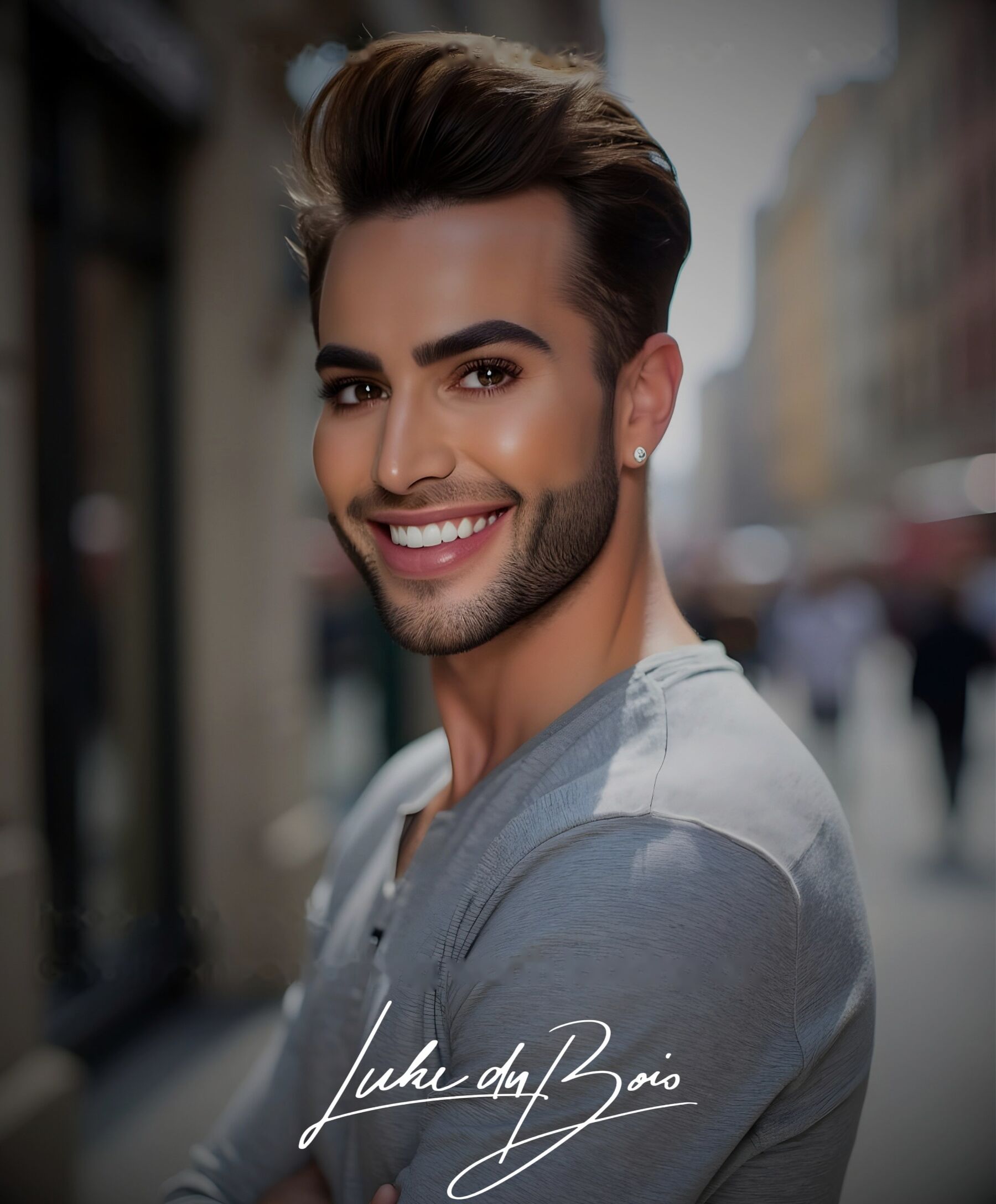 Luke duBois, hair stylist in Minneapolis, smiling on a city street with a textured pompadour haircut; his signature is written across the lower portion of the photograph.