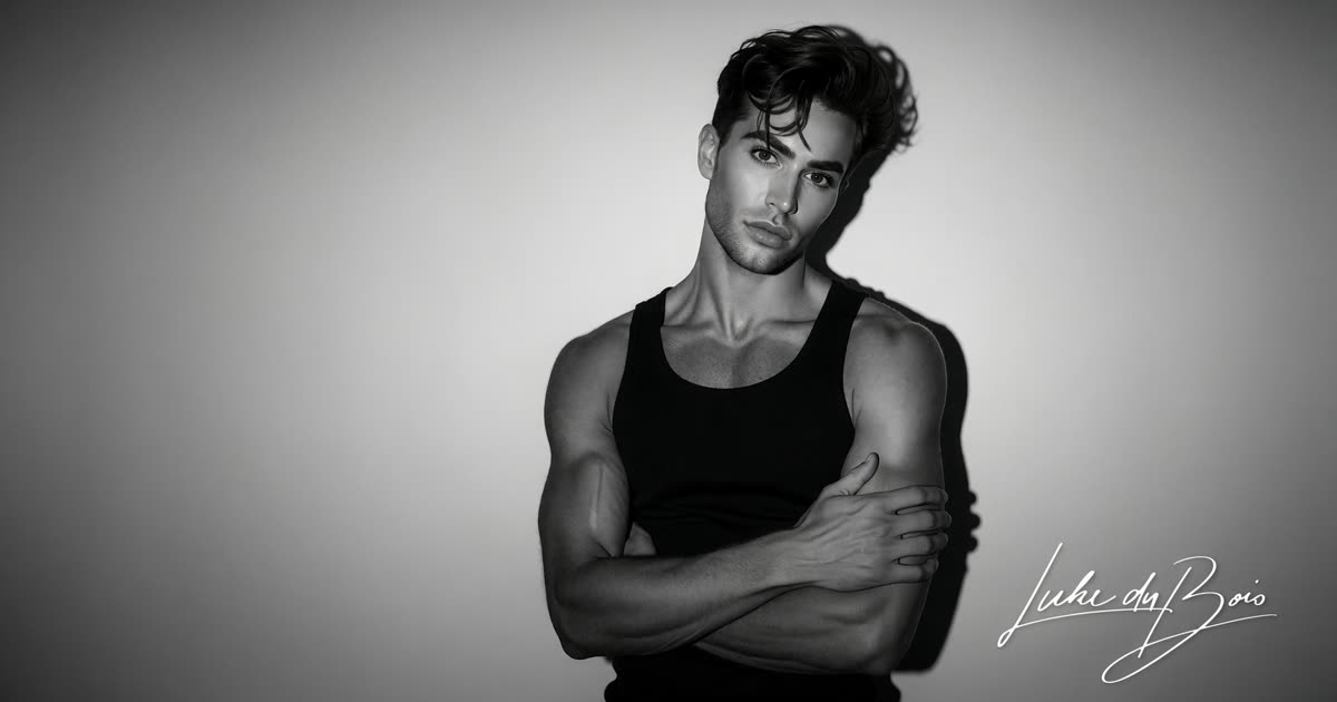 Luke duBois, hair stylist in Minneapolis, in a black-and-white portrait wearing a black tank top, arms crossed, with tousled dark hair.